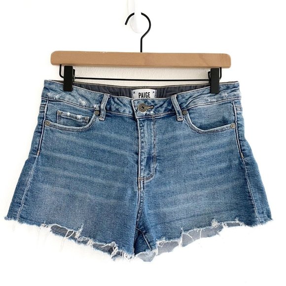 Paige Denim Cut Off Jean Shorts Size 28 Stretchy Raw Hem Frayed Distressed Beach - Picture 3 of 16